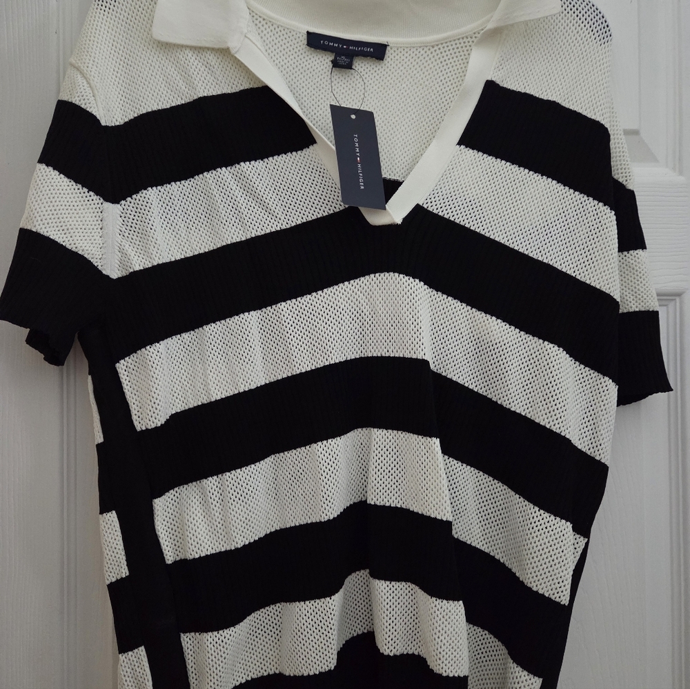 Tommy Hilfiger Black and White Striped Short Sleeve Top